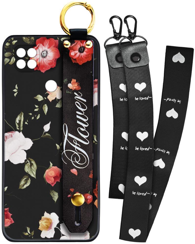Чохол SHLab для Xiaomi Redmi 9C Flower Black + два ремінці з карабіном (25837)