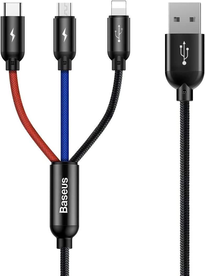 Универсальный кабель BASEUS Three Primary Colors Lightning+TypeC+MicroUSB 3,5А тканевая оплетка 3в1 1,2 м Черный