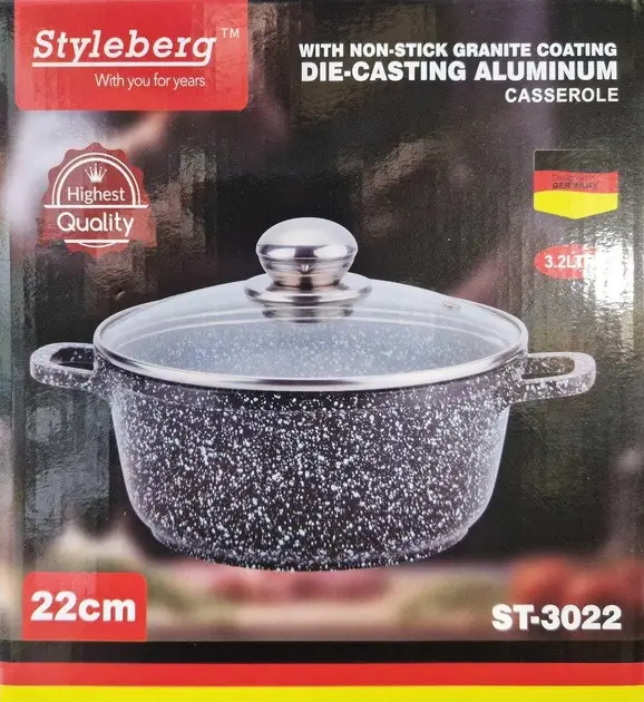 Кастрюля Styleberg ST‑3022 22 см 3,2 л с гранитным антипригарным покрытием и стеклянной крышкой (ML-05260) - фото 7 Кастрюля Styleberg ST‑3022 22 см 3,2 л с гранитным антипригарным покрытием и стеклянной крышкой (ML-05260) - фото 7