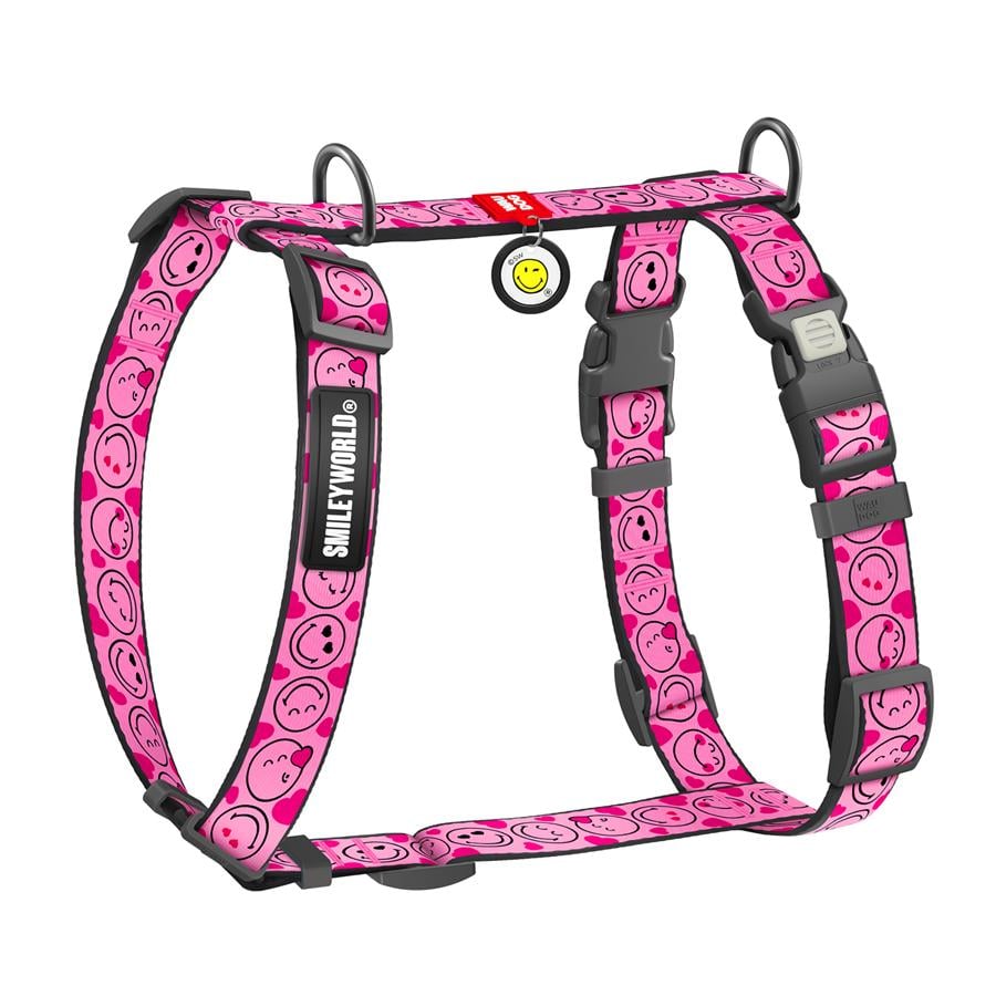 Шлейка для собак з QR-паспортом Waudog Nylon Смайли анатомічна H-подібна з пластиковим фастексом M 20 мм A 38-60 см/B 46-60 см Pink (344-0187) - фото 1