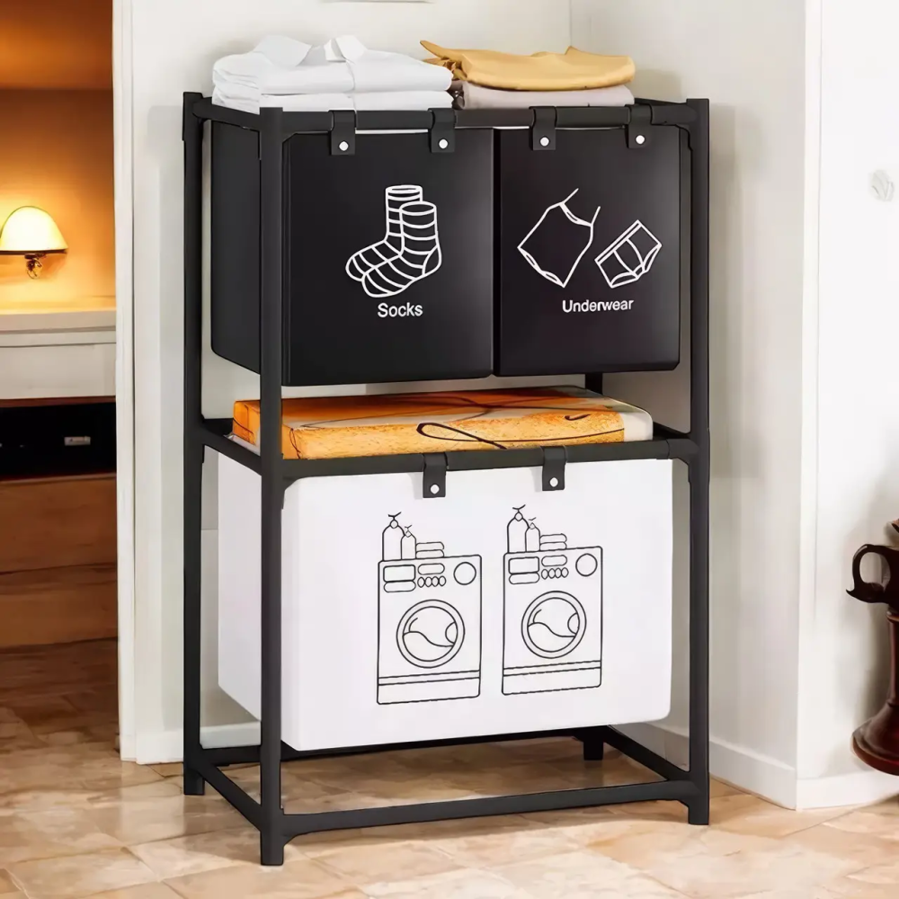Кошик для білизни LS-7815 дворівневий підлоговий на 3 відділення 97х28х57 см Black (784780563)