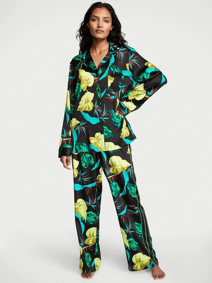 Піжама сорочка/штани сатинова Victoria's Secret Satin Long Pajama Set квітковий принт XS Зелений (26701327)