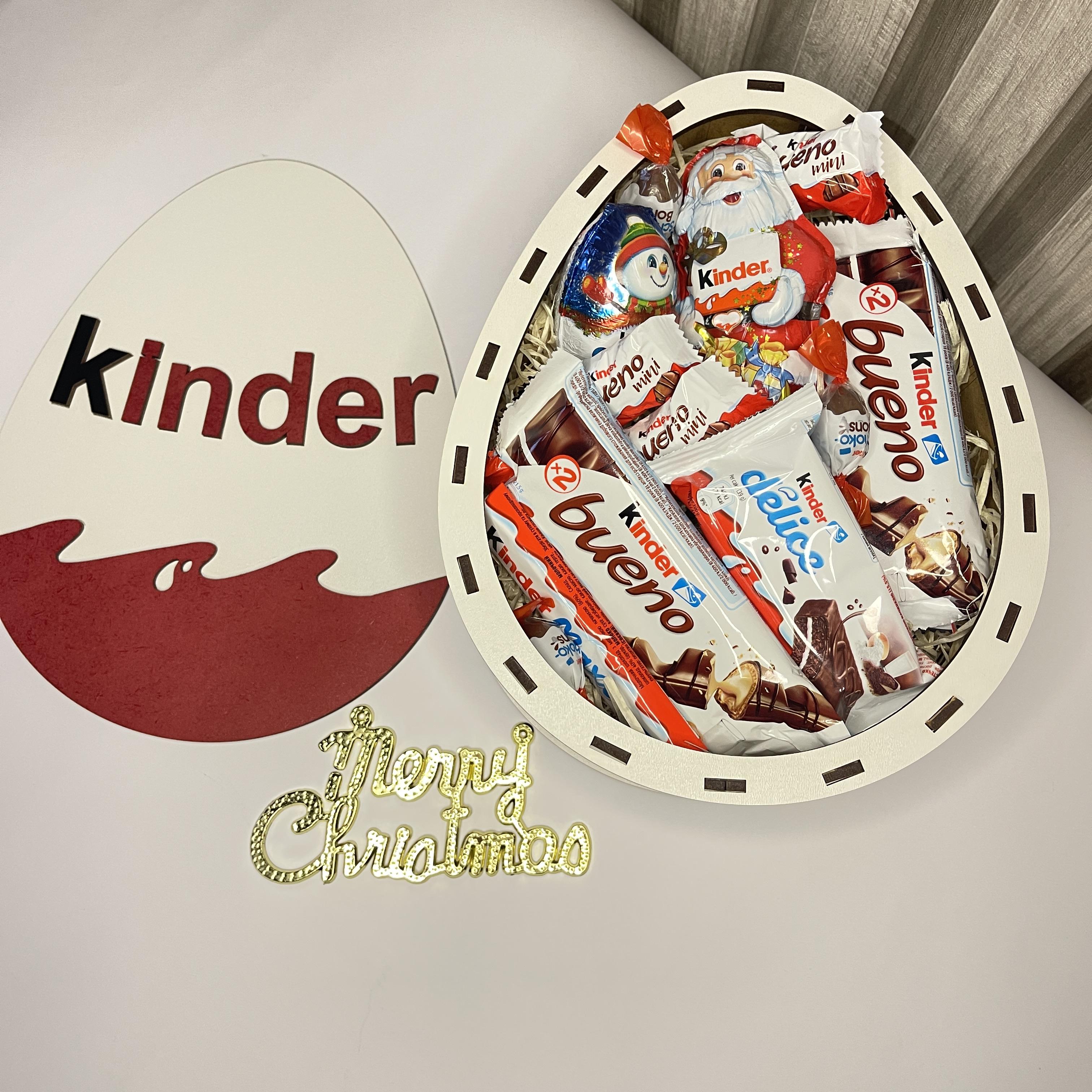 Подарунковий бокс новорічний у формі яйця Kinder із солодощами Kinder в дерев'яній коробці (33)