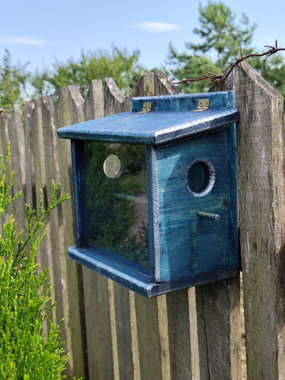 Годівниця для птахів Заплутанка бункерного типу із соснової деревини 30х30х17 см Синій - фото 3