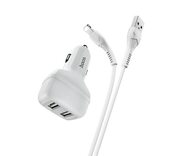 Пристрій зарядний автомобільний Hoco Z36 2 USB 24А Lightning 1 м Білий