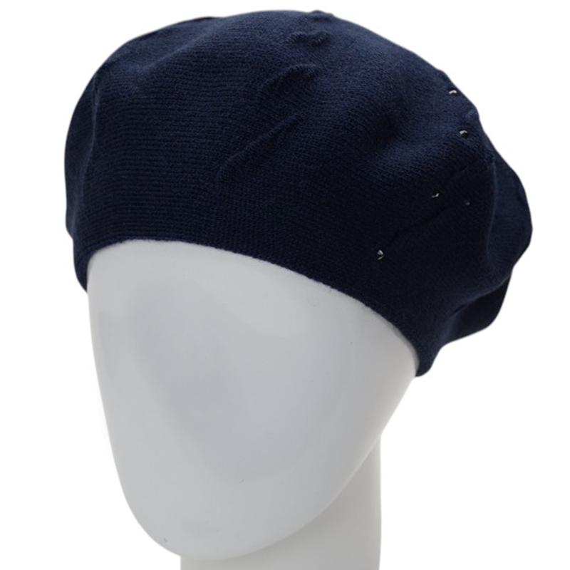 Берет женский осенний двойной Lirus Судьбы с узором и стразами тонкой вязки Черный