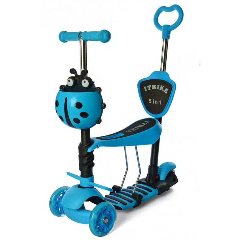 Самокат беговел 5в1 Scooter PC0336 с родительской ручкой и корзинкой Голубой