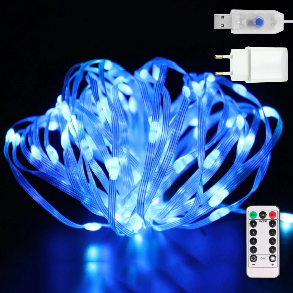 Гірлянда світлодіодна нитка Роса Люкс з пультом від USB та мережі 220V 100 LED 8 режимів IP65 10 м Синій