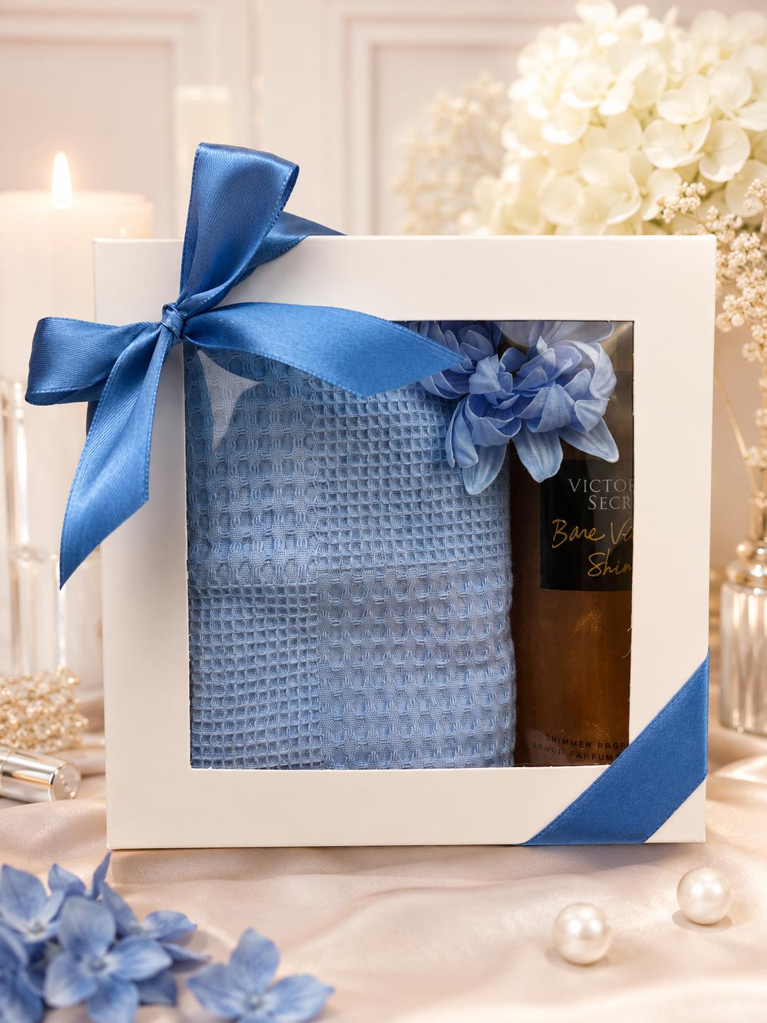 Набор подарочный SPA для женщины Blue Elegance Полотенце вафельное/шиммер для тела/мыльный цветок (5743-2252)