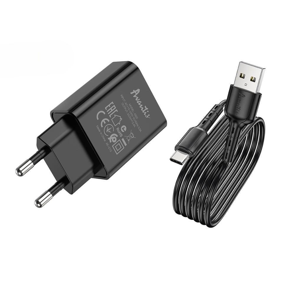 Мережевий зарядний пристрій Avantis A820 1USB/2,4A та USB кабель Type-C Чорний (844674)