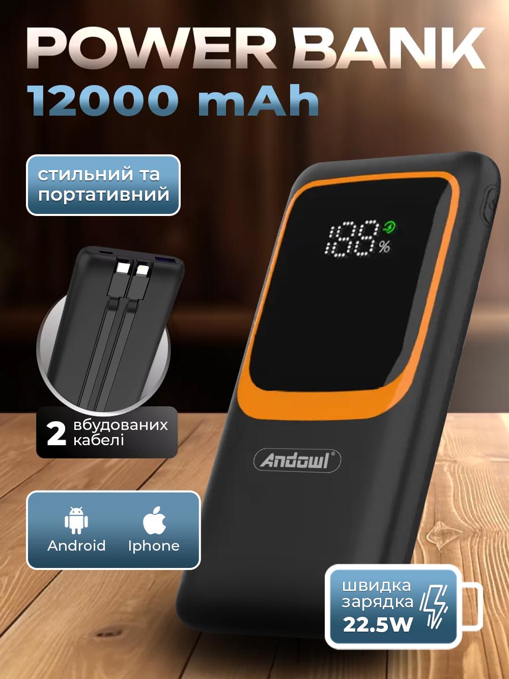Повербанк Andowl Q-TD98X1 12000 mAh с быстрой зарядкой и встроенными кабелями USB type c Lightning Черный (09ea32e8) - фото 2 Повербанк Andowl Q-TD98X1 12000 mAh с быстрой зарядкой и встроенными кабелями USB type c Lightning Черный (09ea32e8) - фото 2