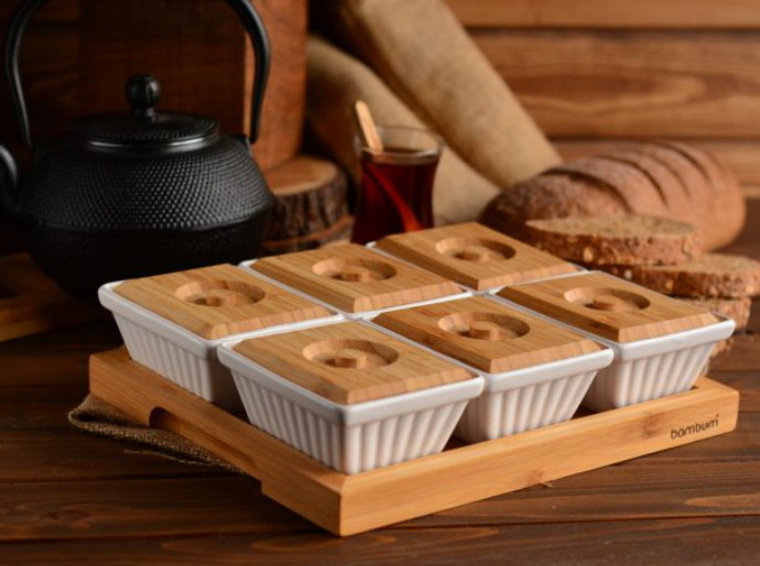 Набор емкостей для завтрака OMS Avena с бамбуковой крышкой на подставке 6 шт. (9106)