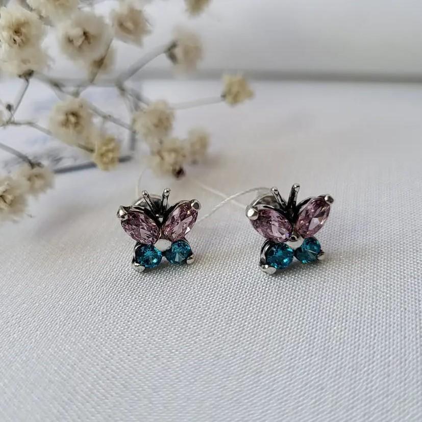Серьги из серебра бабочки с камнями Розовый/Голубой