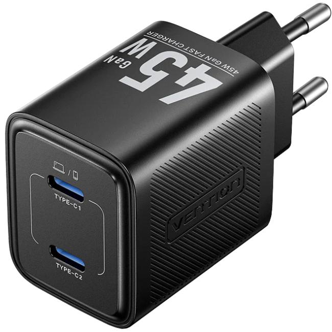 Зарядное устройство Vention 2xType-C 45W 3A GaN PD3.0 Black (FEFB0-EU)