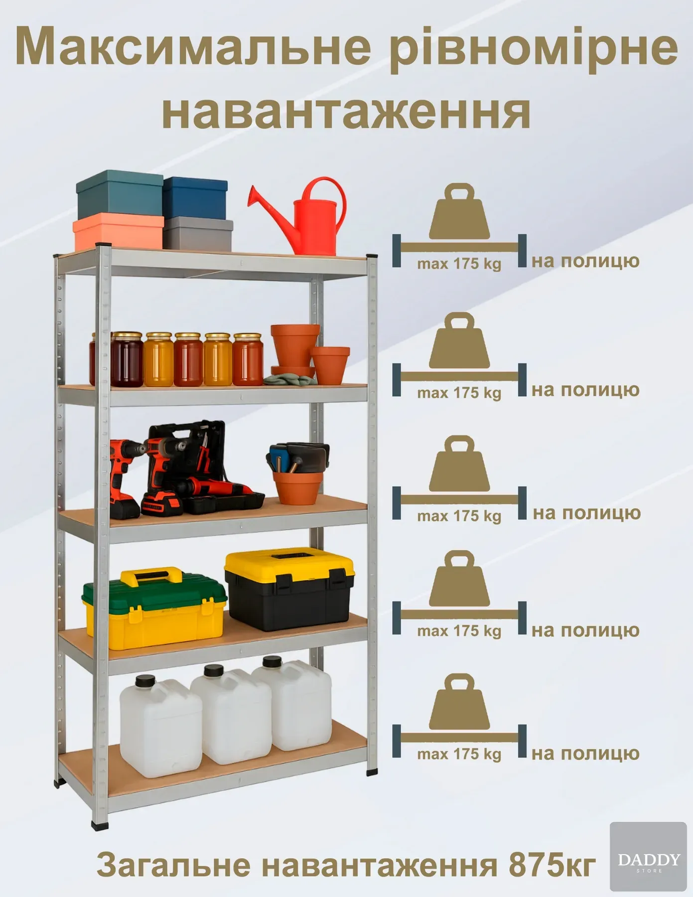 Стелаж 4P StrongShelf 180х90х40 см оцинкований рівномірне навантаження 175 кг/полицю загальне навантаження до 875 кг - фото 5 Стелаж 4P StrongShelf 180х90х40 см оцинкований рівномірне навантаження 175 кг/полицю загальне навантаження до 875 кг - фото 5
