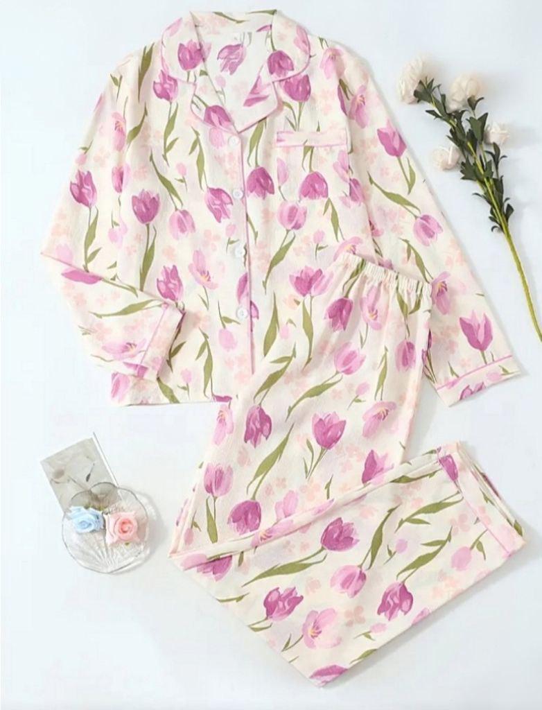 Піжама жіноча зі штанами сорочка короткий рукав Тюльпани 916k XL Молочний (916)