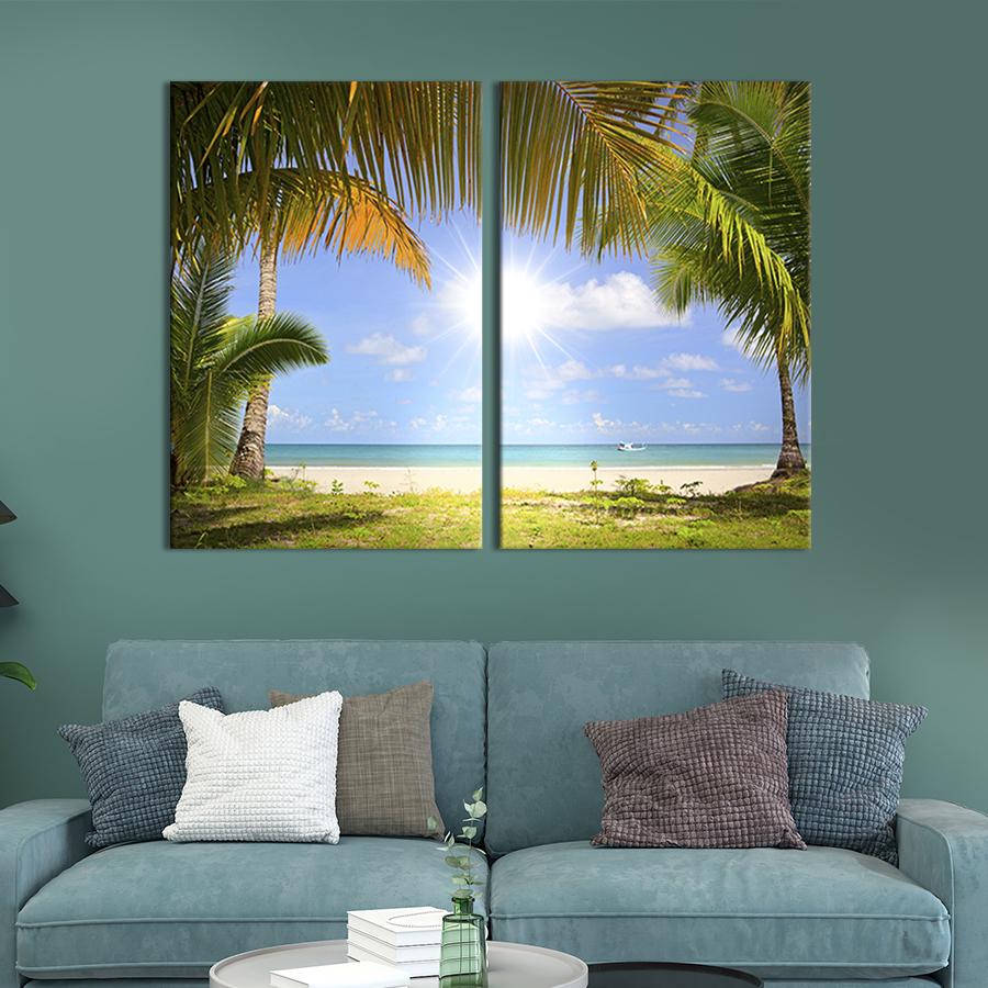 Настінний декор диптих картина на холсті для інтер’єру Сонячний тропічний пляж 71x51 см (411-2)