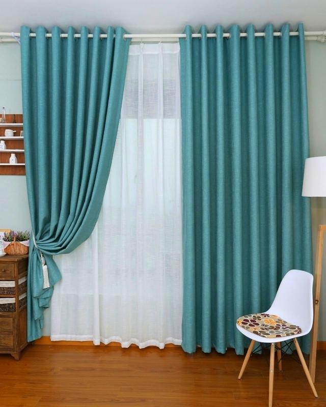 Шторы готовые мешковина льняные на люверсах с тюлем Бирюзовый