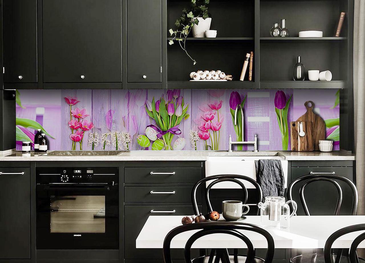 Кухонный фартук Цветы на досках Прованс из самоклеющейся виниловой пленки 60х300 см Фиолетовый