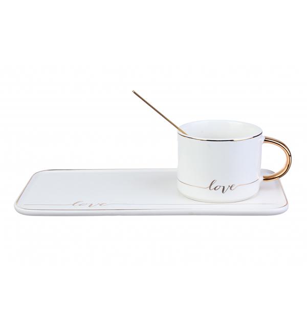 Чашка керамическая с ложечкой и блюдцем 200 мл White (514071)