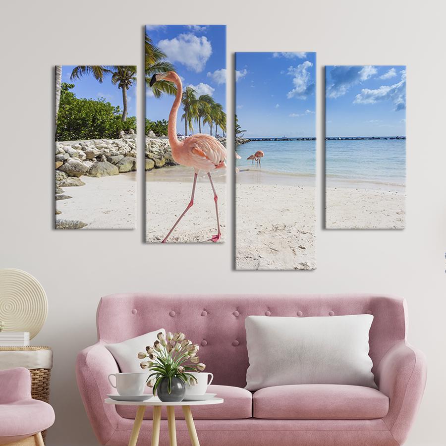 Модульная картина из четырех частей на холсте интерьерная картина Фламинго на берегу тропического моря 129x90 см (169-42)