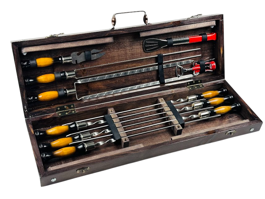 Набор шампуров "Пантера люкс" в деревянном кейсе трансформер/нержавеющая сталь 11 предметов (14-10-KS-7623)