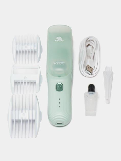 Машинка VGR V-155 для стрижки волос детей аккумуляторная бесшумная с 3 насадками Зеленый (V-155)