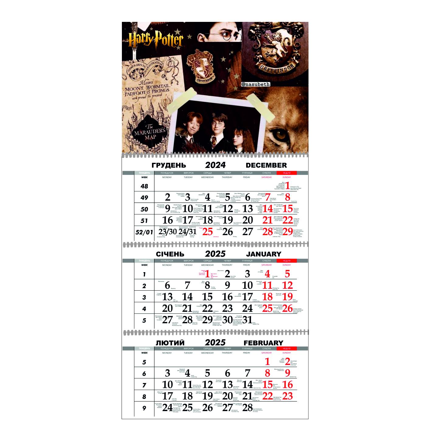 Календар настінний Гаррі Поттер на 2025 рік квартальний (21809860)