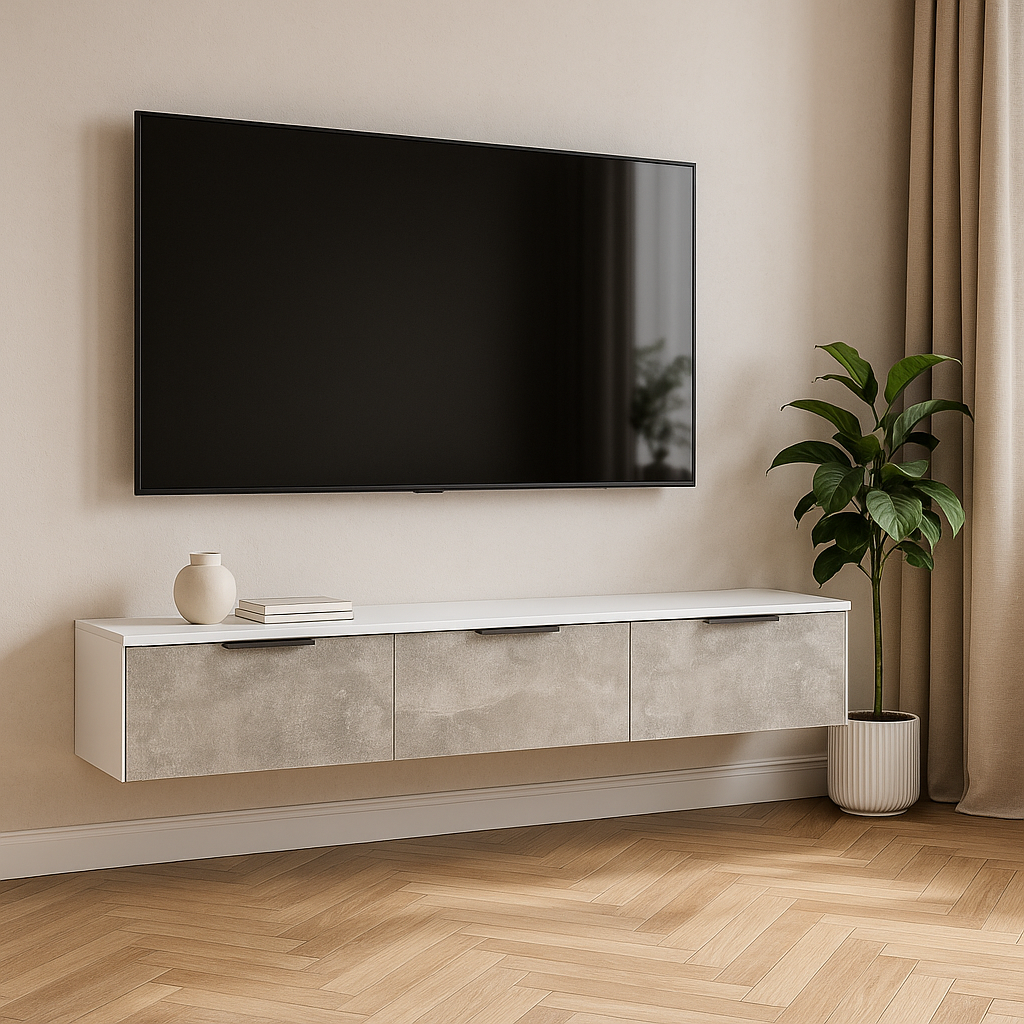 Тумба под телевизор ТВ1 SENAM 220х1400х360 мм корпус ДСП Белый фасад ДСП Ателье Светлый