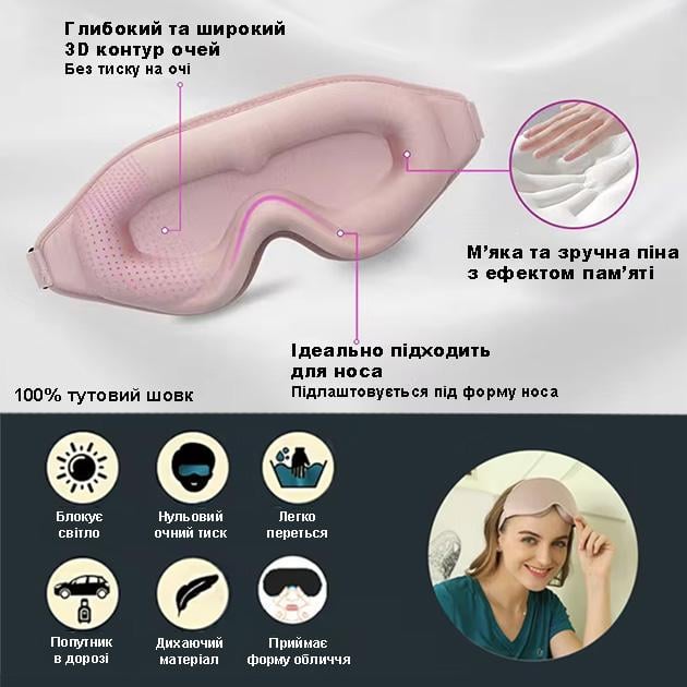 Маска для сну та відпочинку 3D жіноча з ефектом пам'яті на очі з дихаючої тканини Рожевий - фото 6