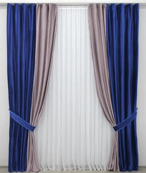 Шторы комбинированные бархат 1,5х2,75 м 2 шт. Синий/Пудровый (014дк/904-1037ш)