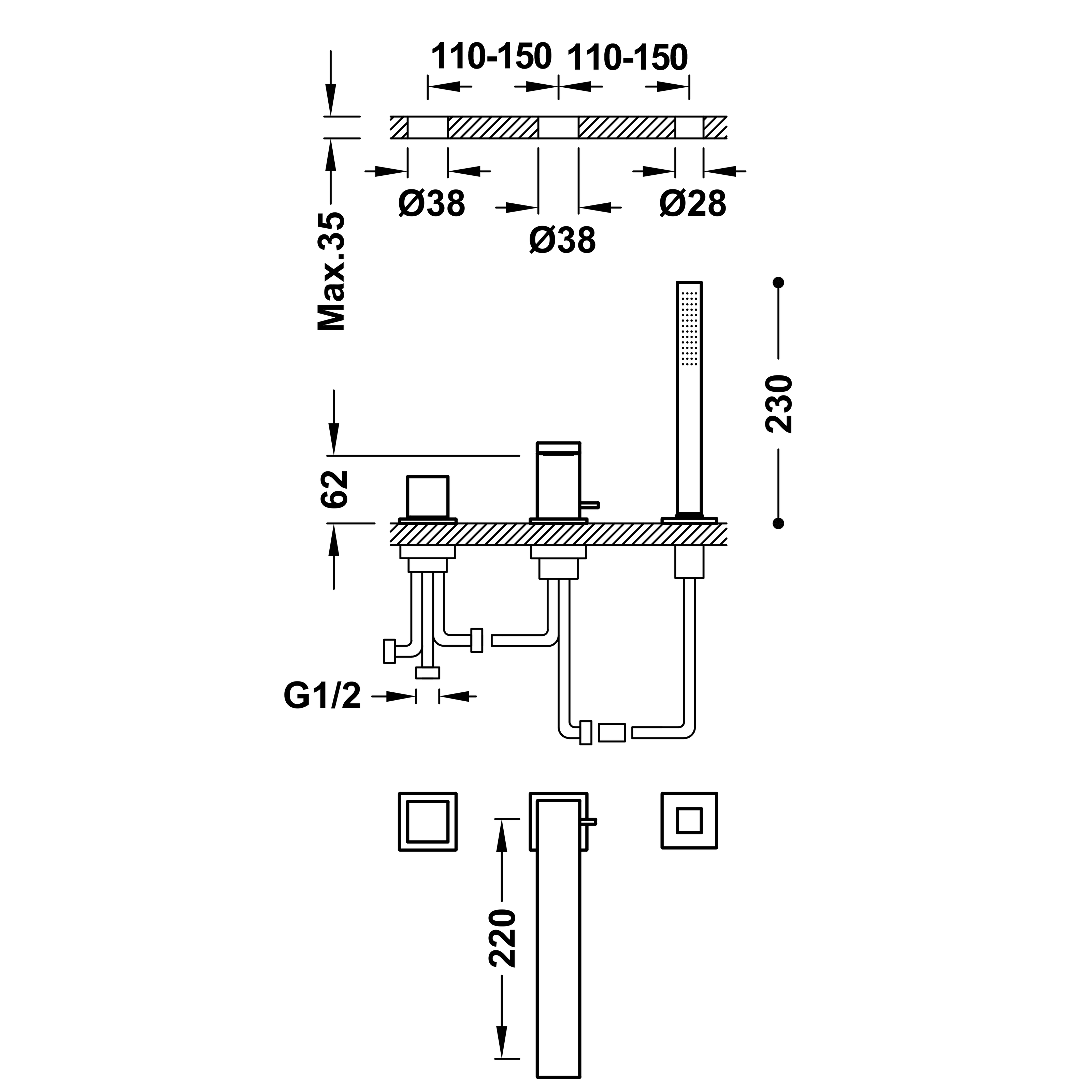 Змішувач на борт ванни Tres CUADRO 00616104 на три отвори Хром (113544) - фото 3 Змішувач на борт ванни Tres CUADRO 00616104 на три отвори Хром (113544) - фото 3