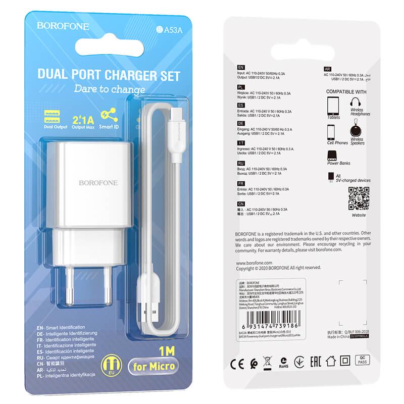 Сетевое зарядное устройство Borofone Micro USB Cable Powerway Dual Port BA53A White (15fd54c6) - фото 4