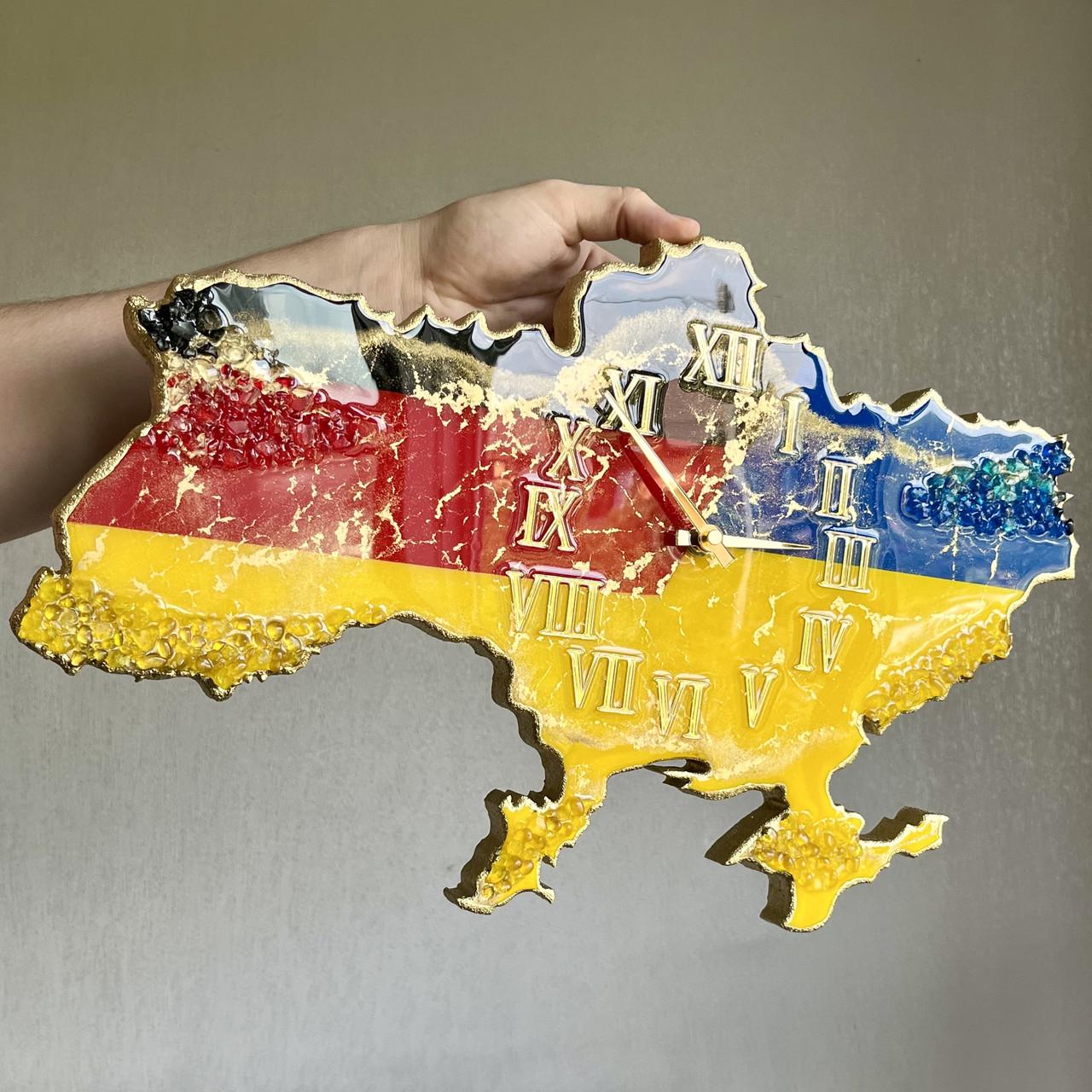 Часы настенные из эпоксидной смолы Карта Украины с Германией 40x25 см