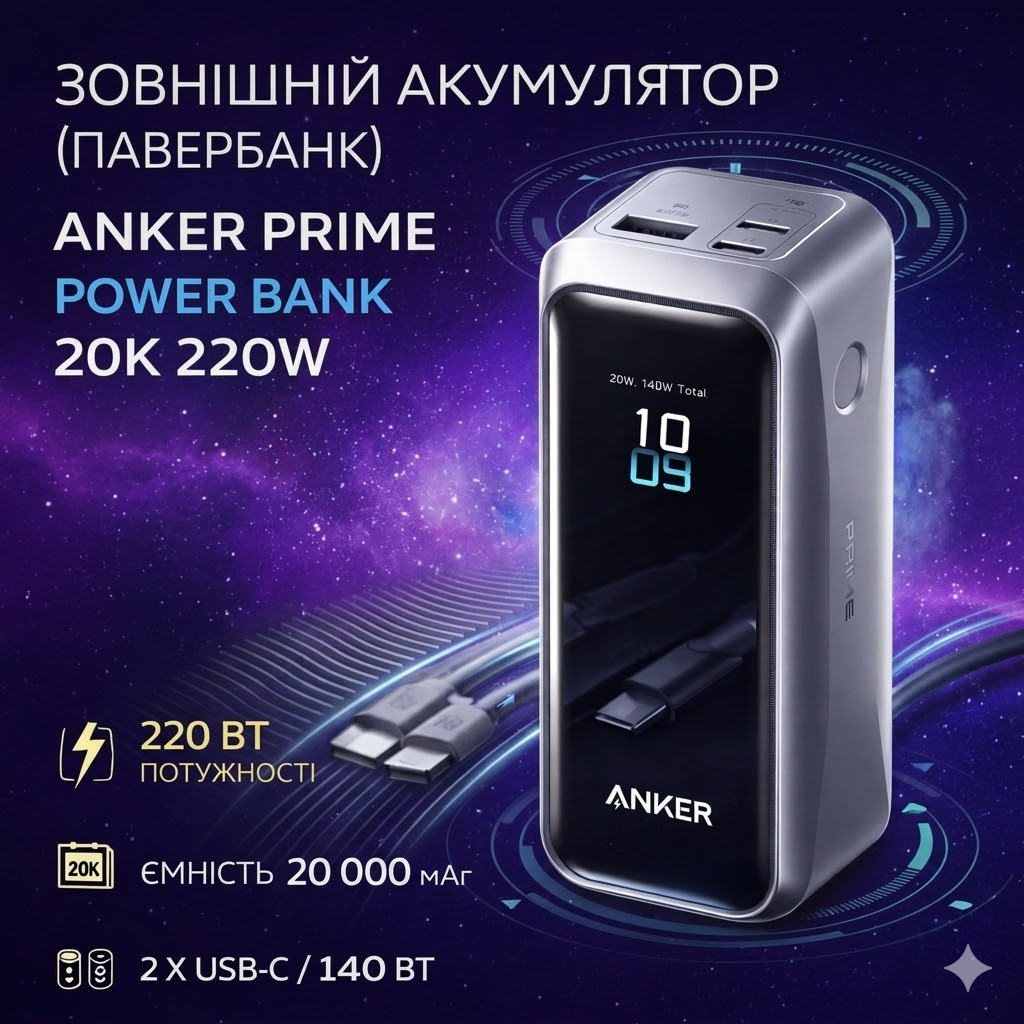 ᐉ Повербанк Anker Prime Power Bank 20000 мАг 220W PD 140W