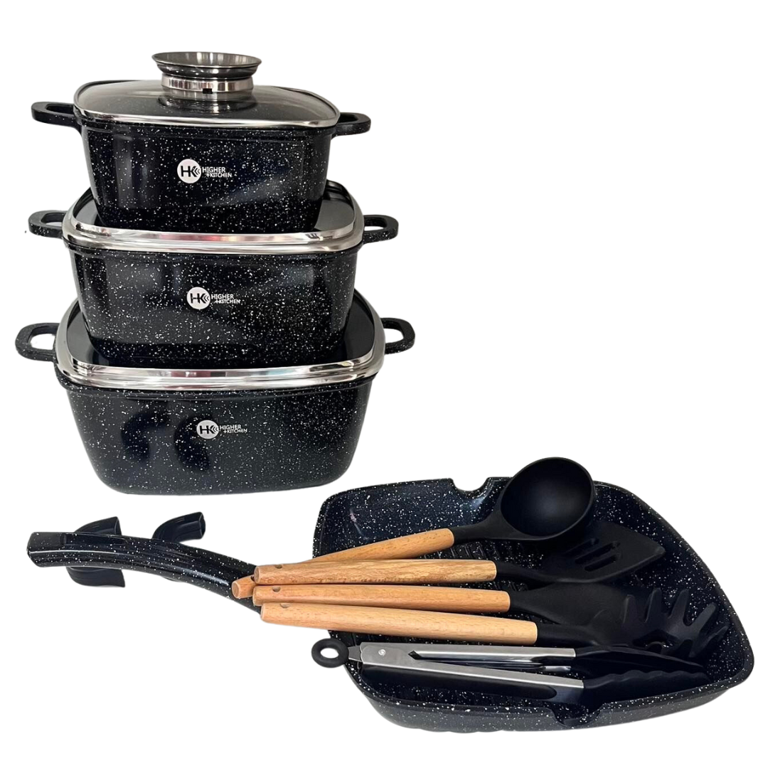 Набір посуду Higher Kitchen HK-317 з гранітним антипригарним покриттям 14 предметів Чорний (2484550316) - фото 5 Набір посуду Higher Kitchen HK-317 з гранітним антипригарним покриттям 14 предметів Чорний (2484550316) - фото 5