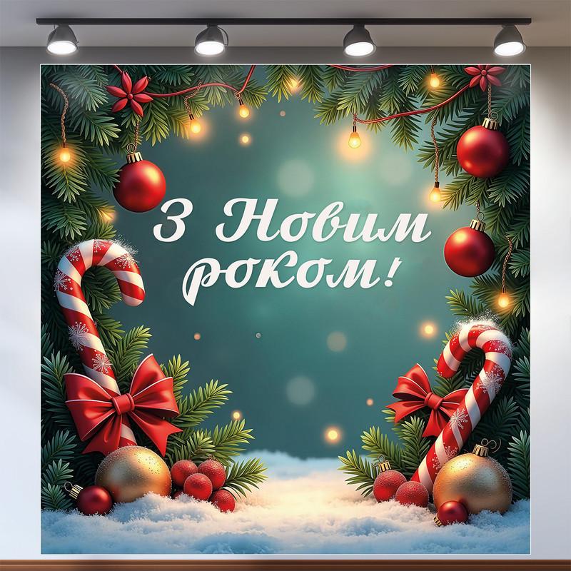 Баннер новогодний "З Новим роком!" с шариками/конфетами и зимним пейзажем 200x200 см №46048