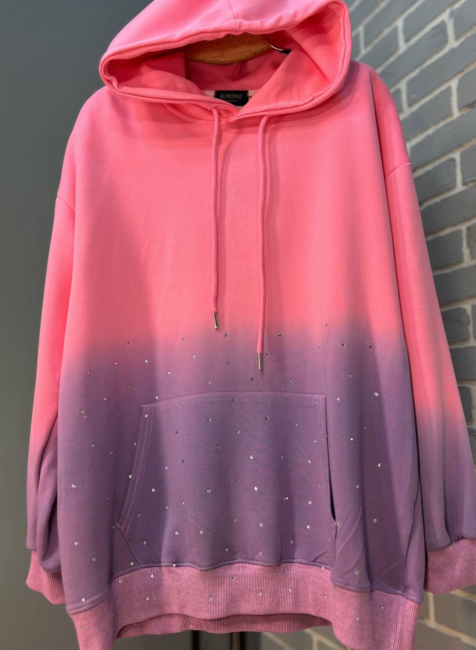 Худі жіноче JOY ONE 3009 з капюшоном подовжене градієнт кольору розсип камінців OS Рожевий (2593) - фото 3