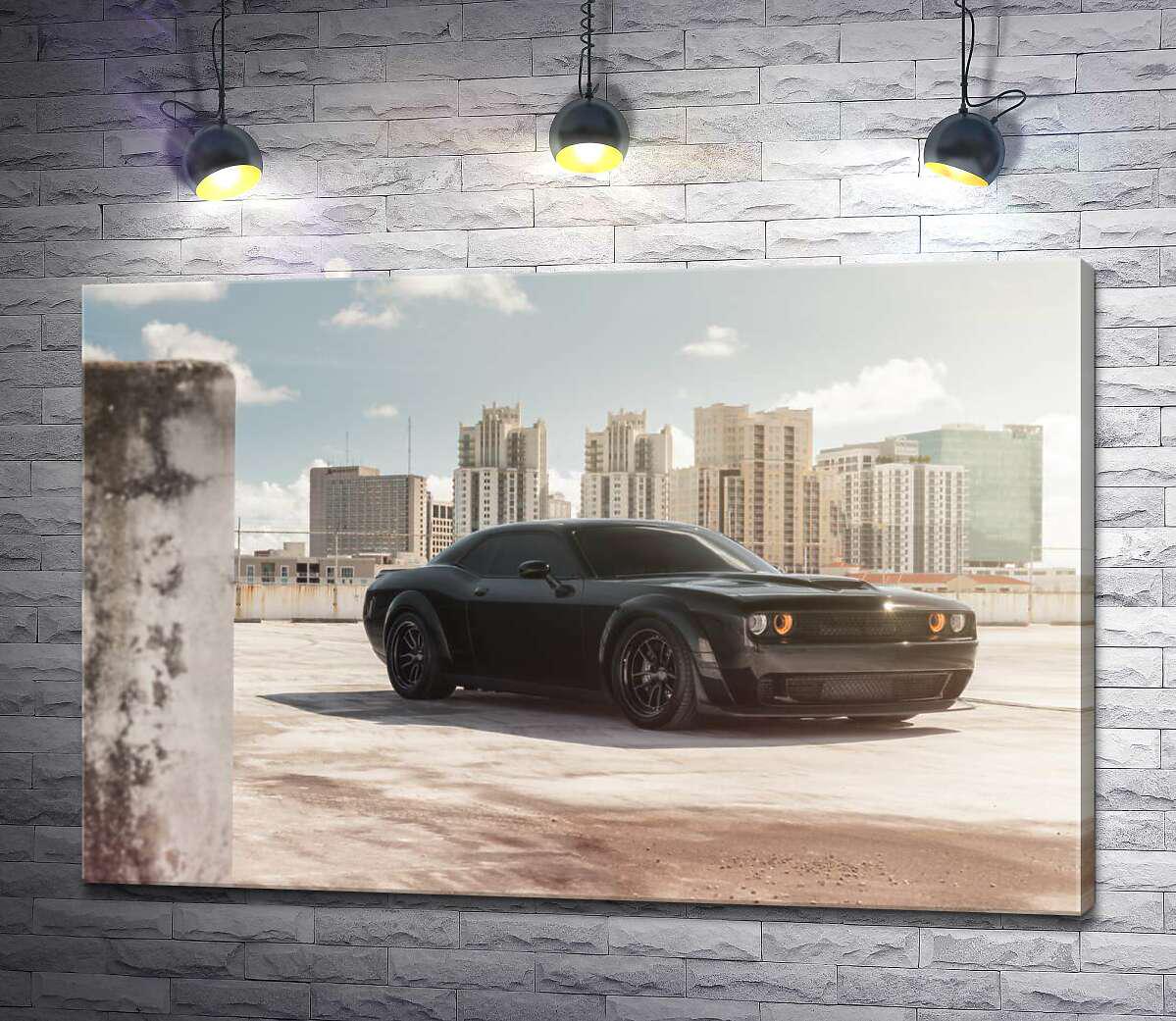 Картина ArtPoster Черный автомобиль Dodge Challenger Hellcat на фоне домов 100x67 см Модуль №1 (001226)