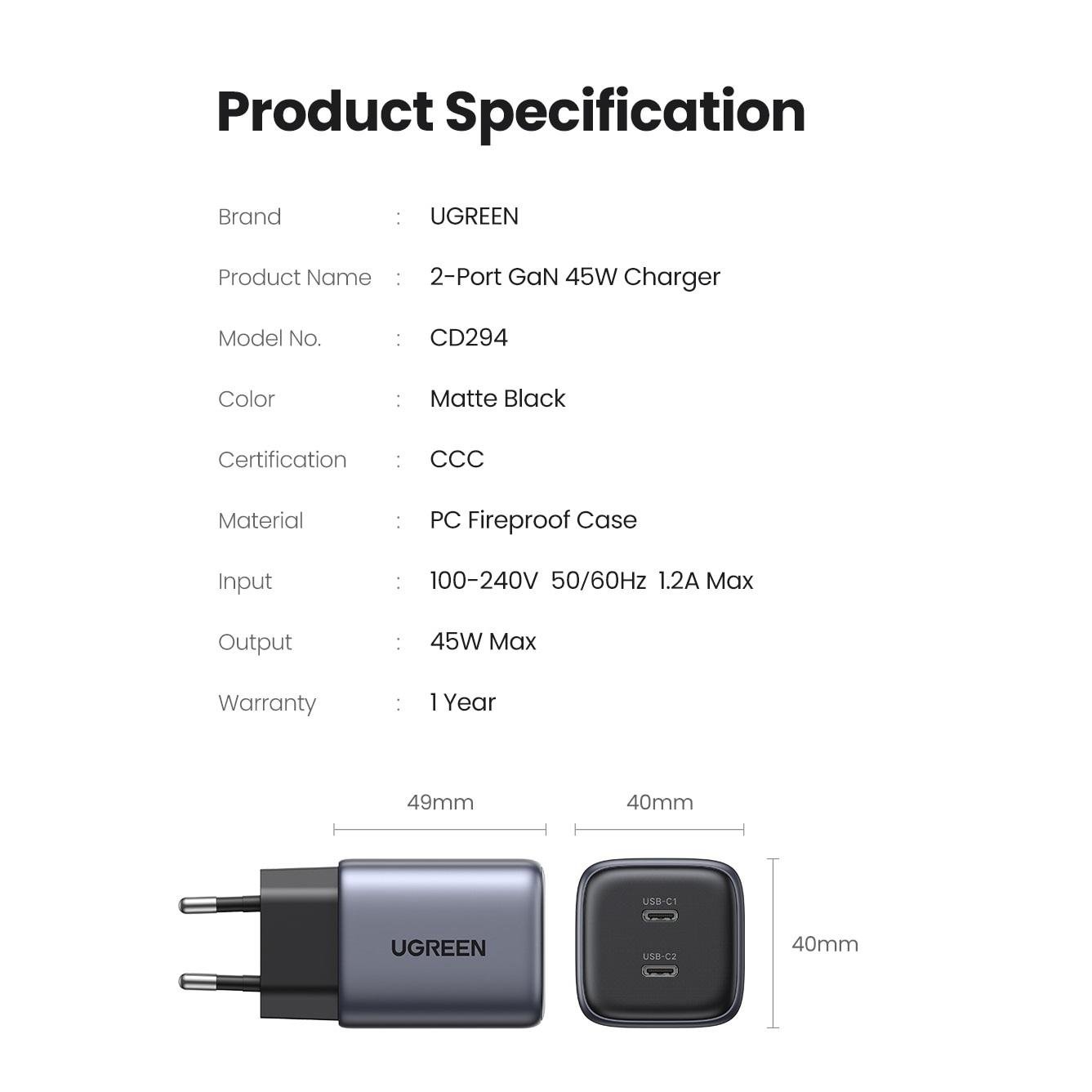 Зарядное устройство UGREEN CD294 2Type-C 45W GAN Nexode Mini Gray быстрая зарядка для телефона (90573) - фото 8 Зарядное устройство UGREEN CD294 2Type-C 45W GAN Nexode Mini Gray быстрая зарядка для телефона (90573) - фото 8