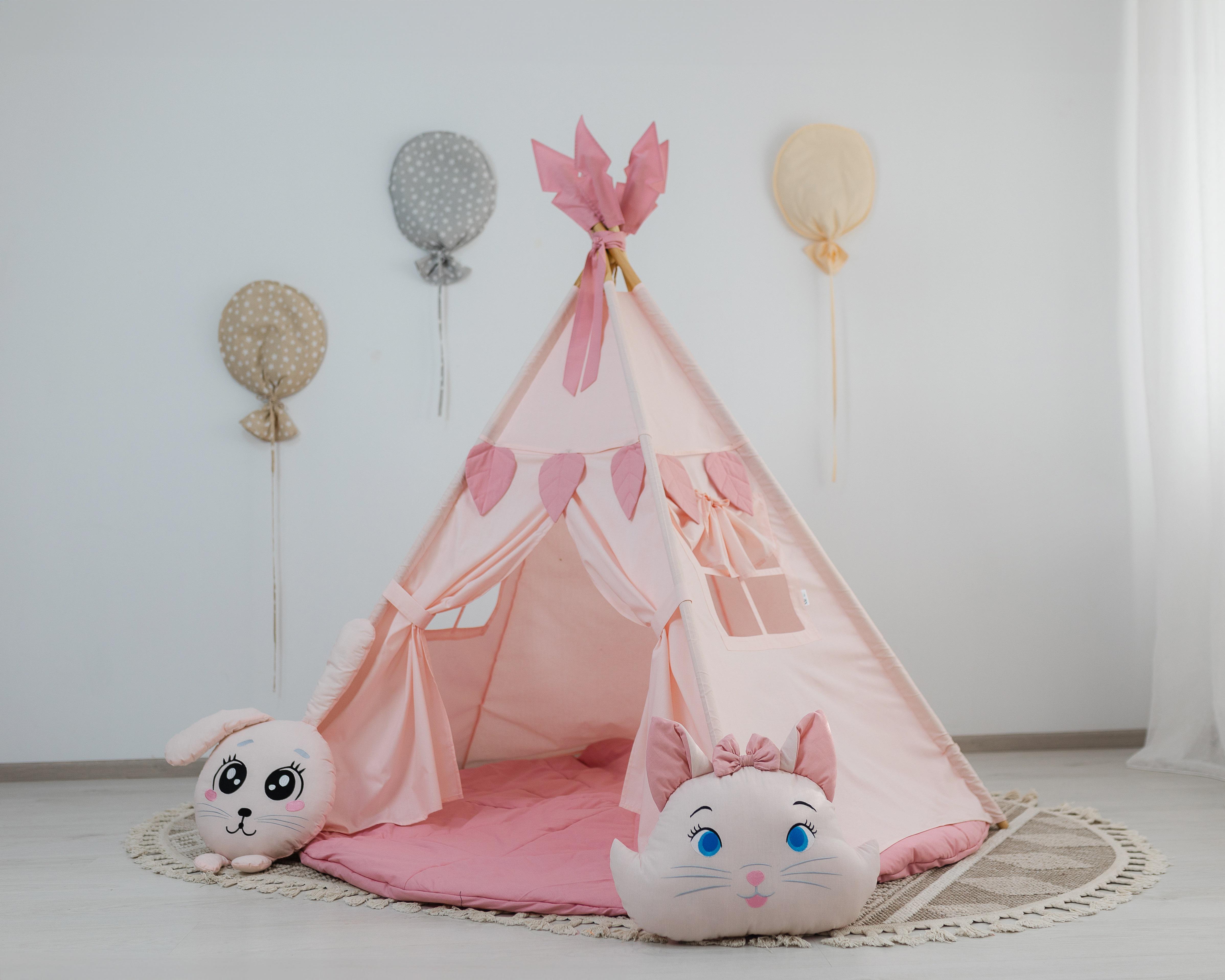 Вігвам для дітей Пухнасті друзі з об'ємним ковриком Пудровий (0002099)