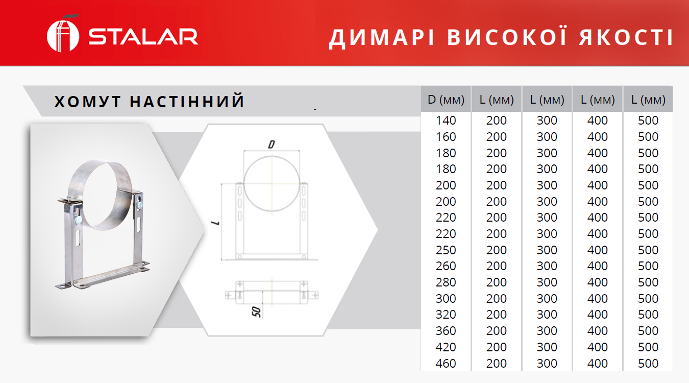 Хомут настенный Stalar ø180 мм L-300 мм 2 мм нержавеющая сталь AISI 430 глянцевый (32226) - фото 2