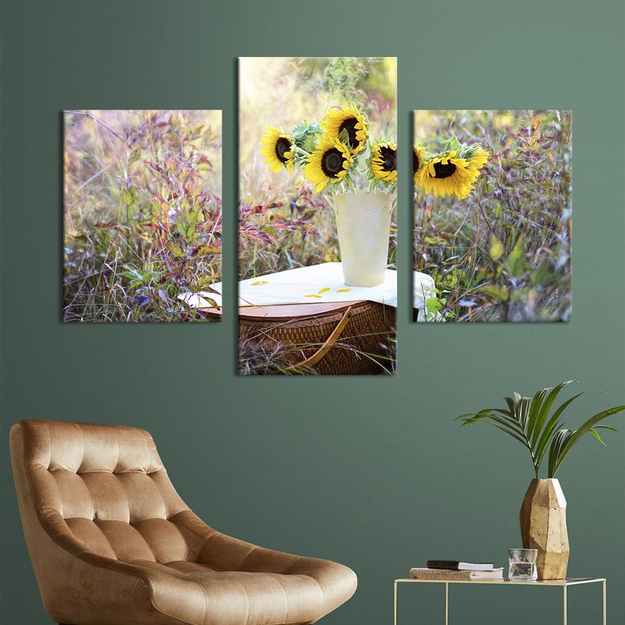 Картина на холсте триптих Подсолнухи на корзинке 141x90 см (997-32)
