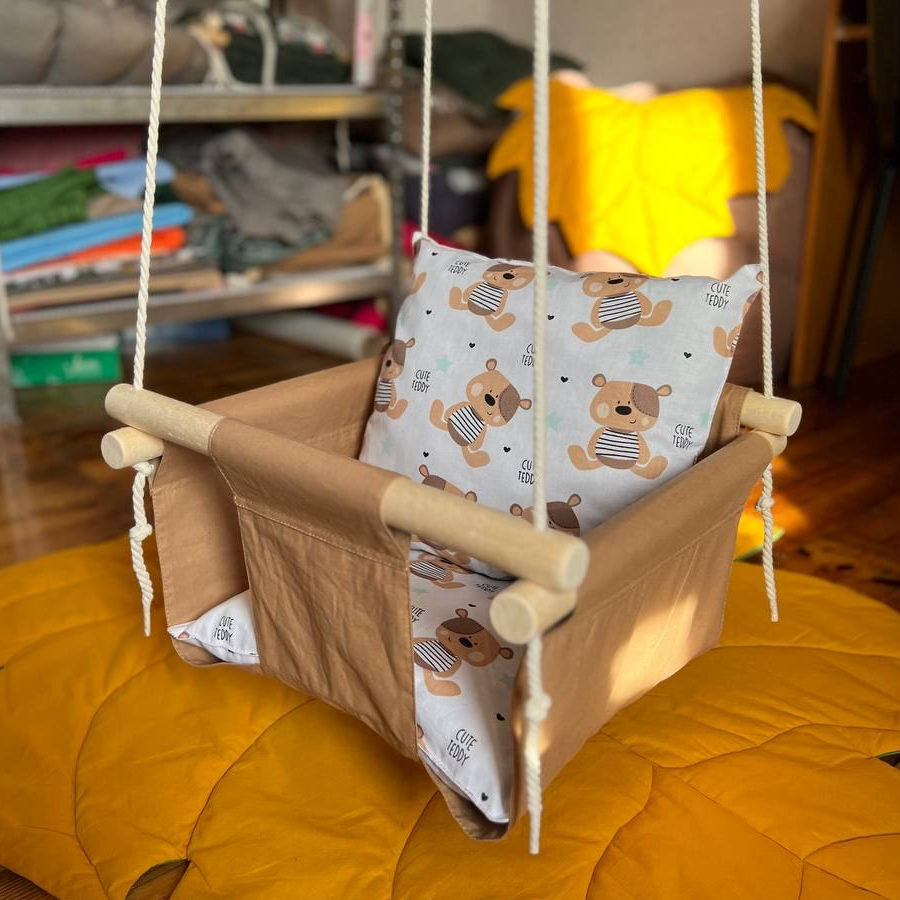 Детские качели подвесные из хлопка Стандарт с мишками Песочный (gs-8466)