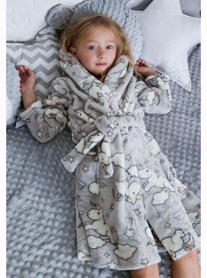 Халат для девочки вельсофт теплый Flamingo Единороги 771-910 146-152 см Серый
