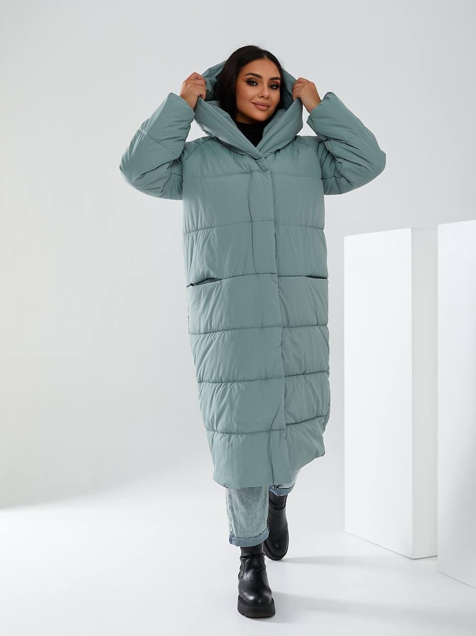 Пальто-пуховик довге на кнопках Аiza А521 р. 46-48 Морозна шавлія - фото 2