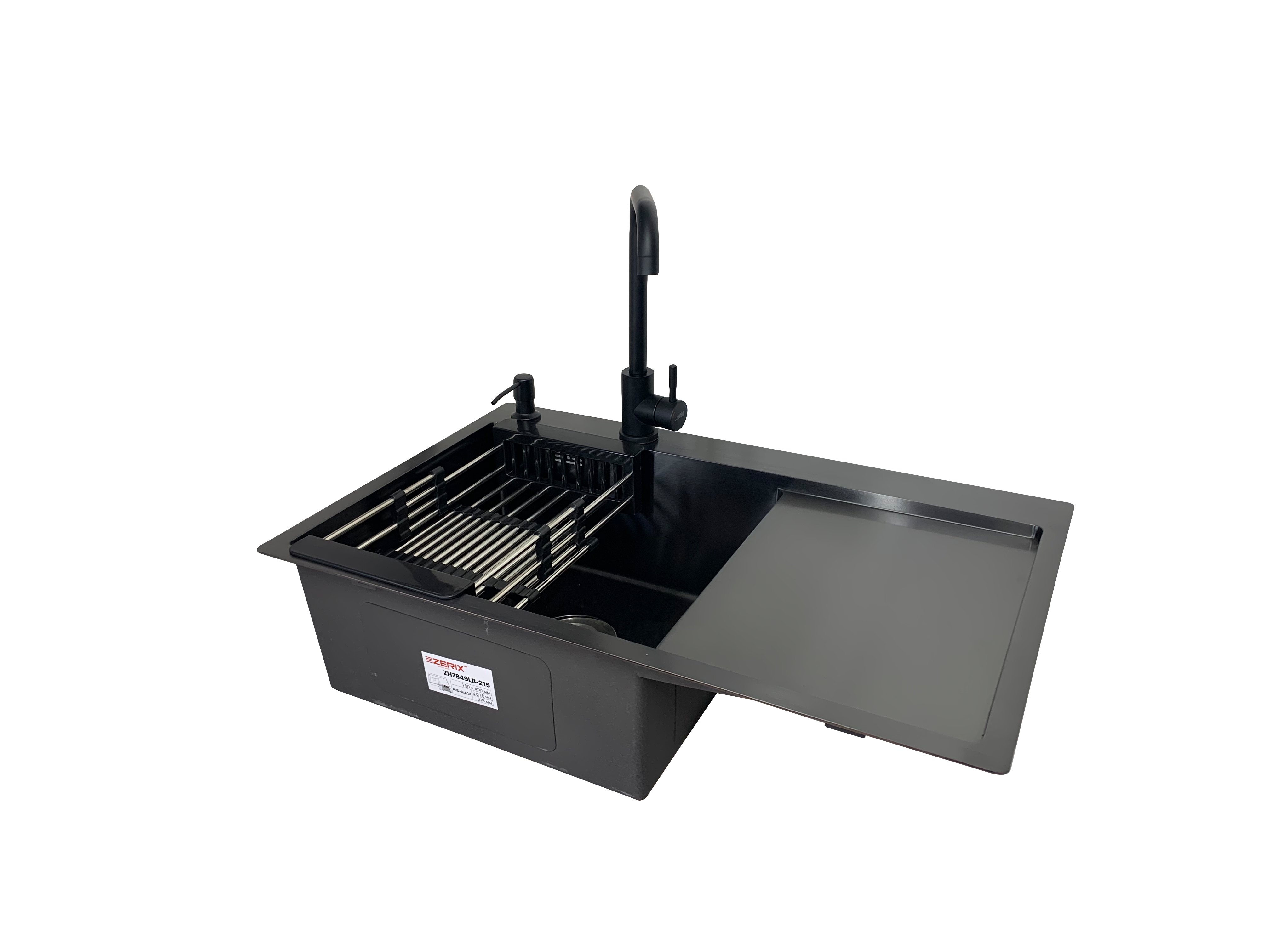 Мойка для кухни Zerix чаша слева/смеситель/дозатор/корзинка 78x49 см Черный (20033857)