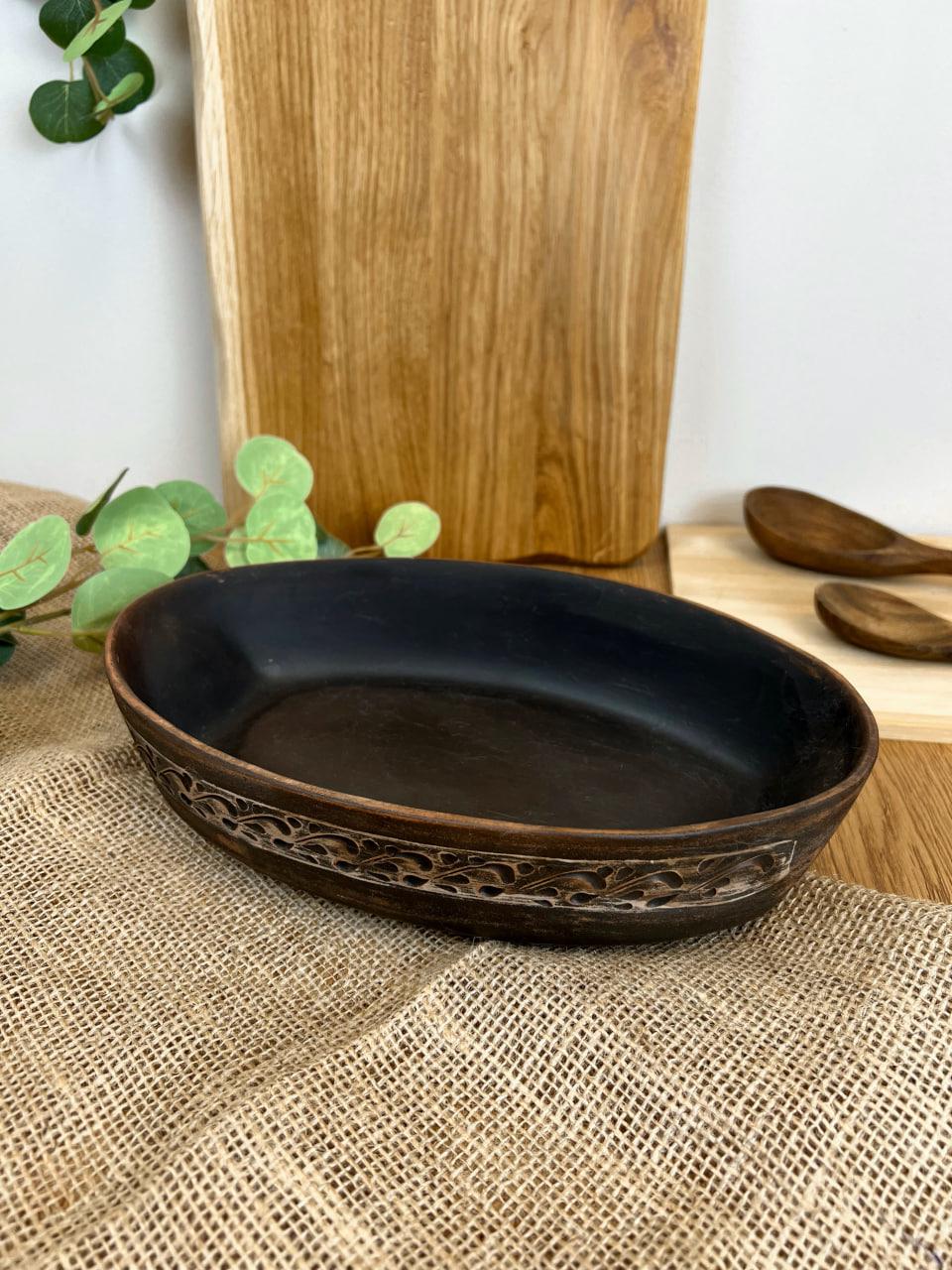 Блюдо под холодец керамическое глиняное резное ангоб (3003-26)