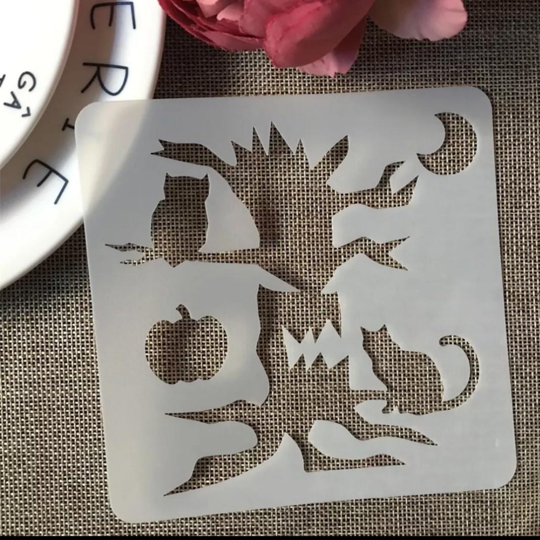 Трафарет для Хэллоуина Дерево с кошками 13х13 см Серый (7615/18)