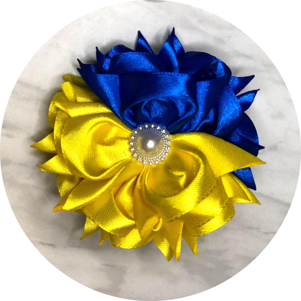 Бантик детский на заколке D9 см Сине-желтый (10041)